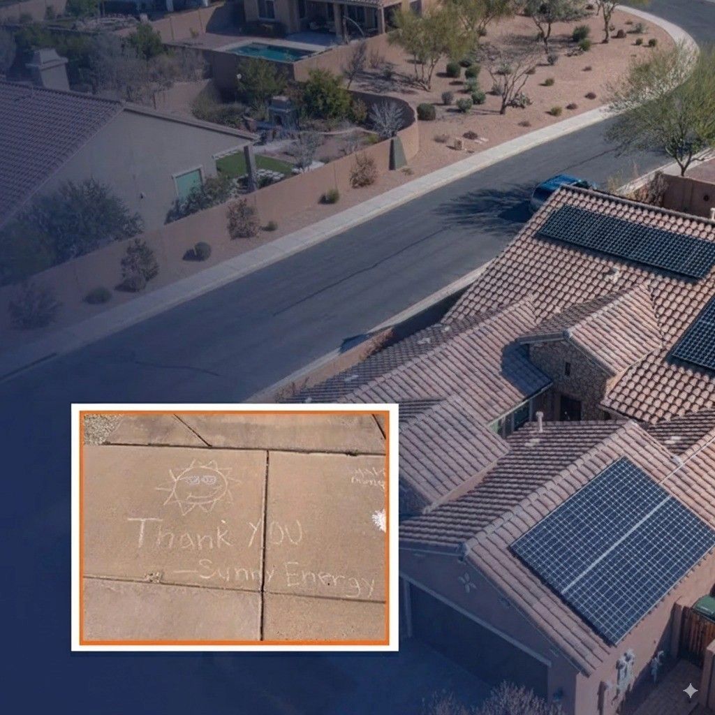 Arizona home with rooftop solar panels and a thank-you note to Sunny Energy