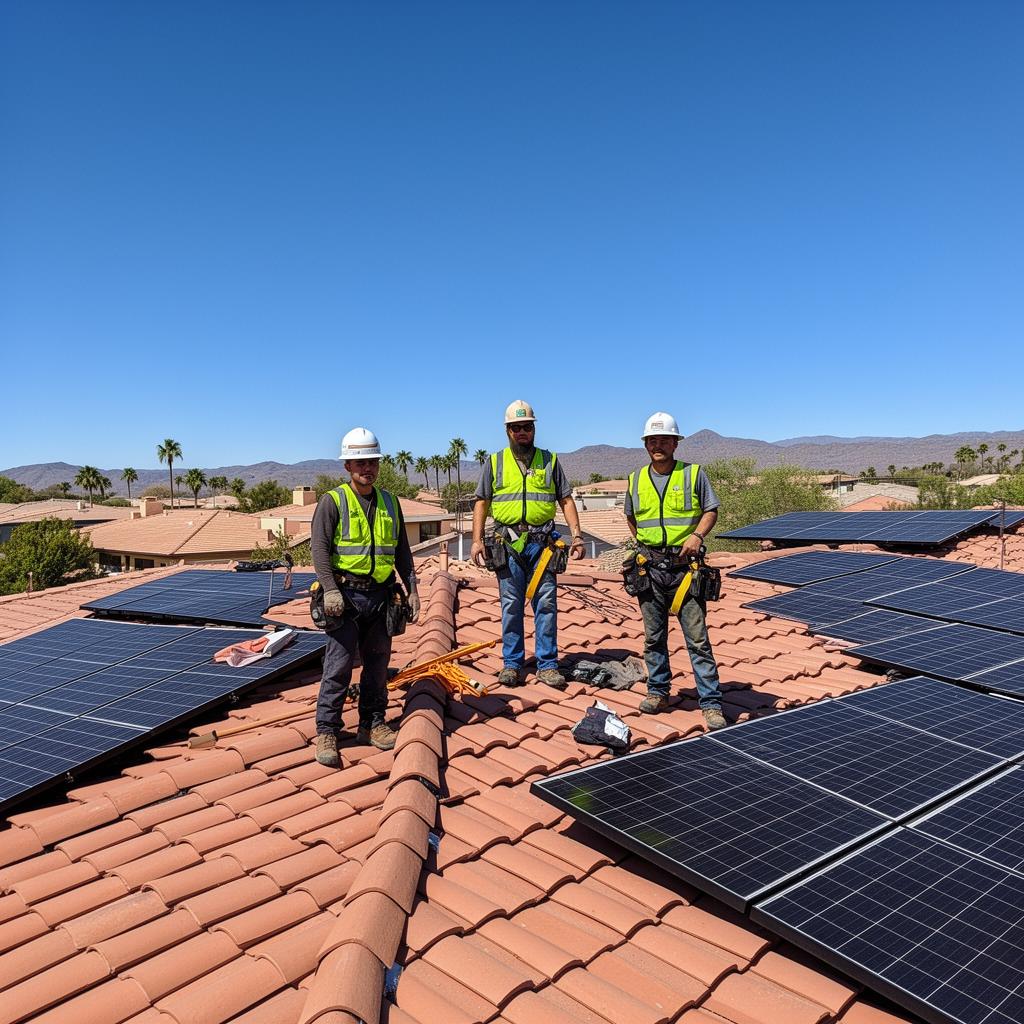 Roofing crew on Arizona residential roof with solar panels